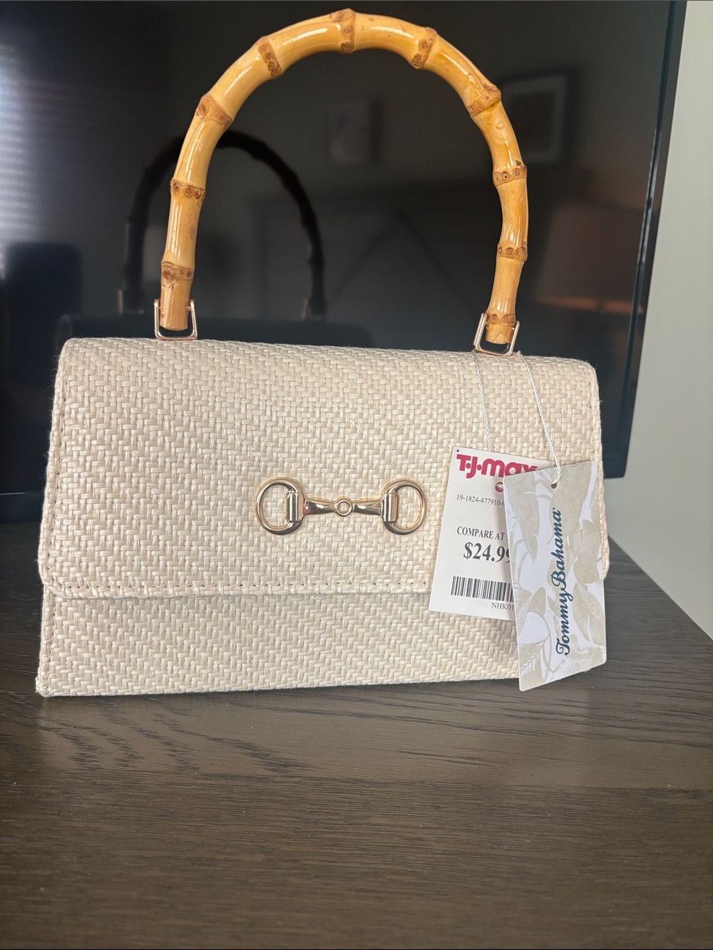 Tommy Bahama Cream Woven Top-Handle Satchel with Bamboo Handle